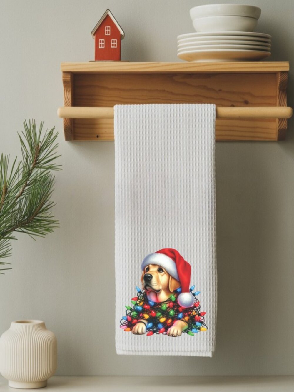 Yellow Labrador Retriever Christmas Lights Decorative Kitchen Tea Towel